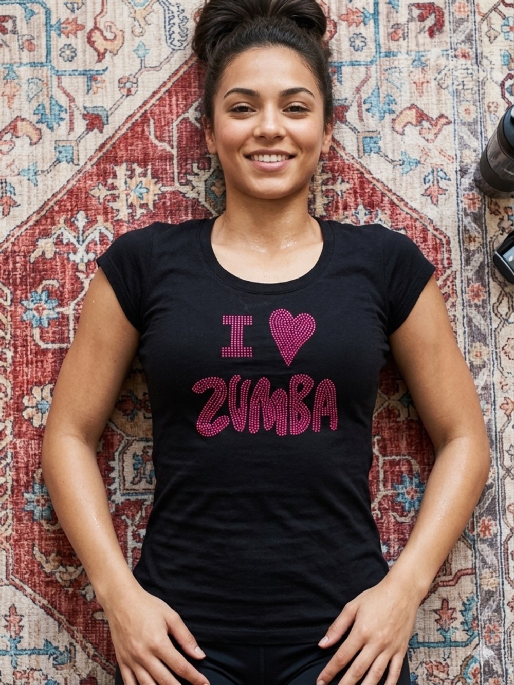 Zumba Fitness Black Short Sleeve Tee with Pink Rhinestone I Heart Zumba Graphic